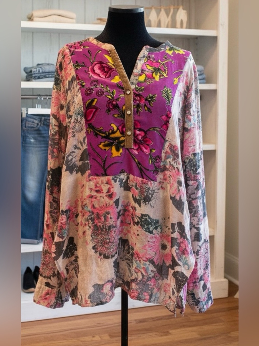 Aratta Silent Journey Boho Floral V-Neck Tunic with Purple Yoke